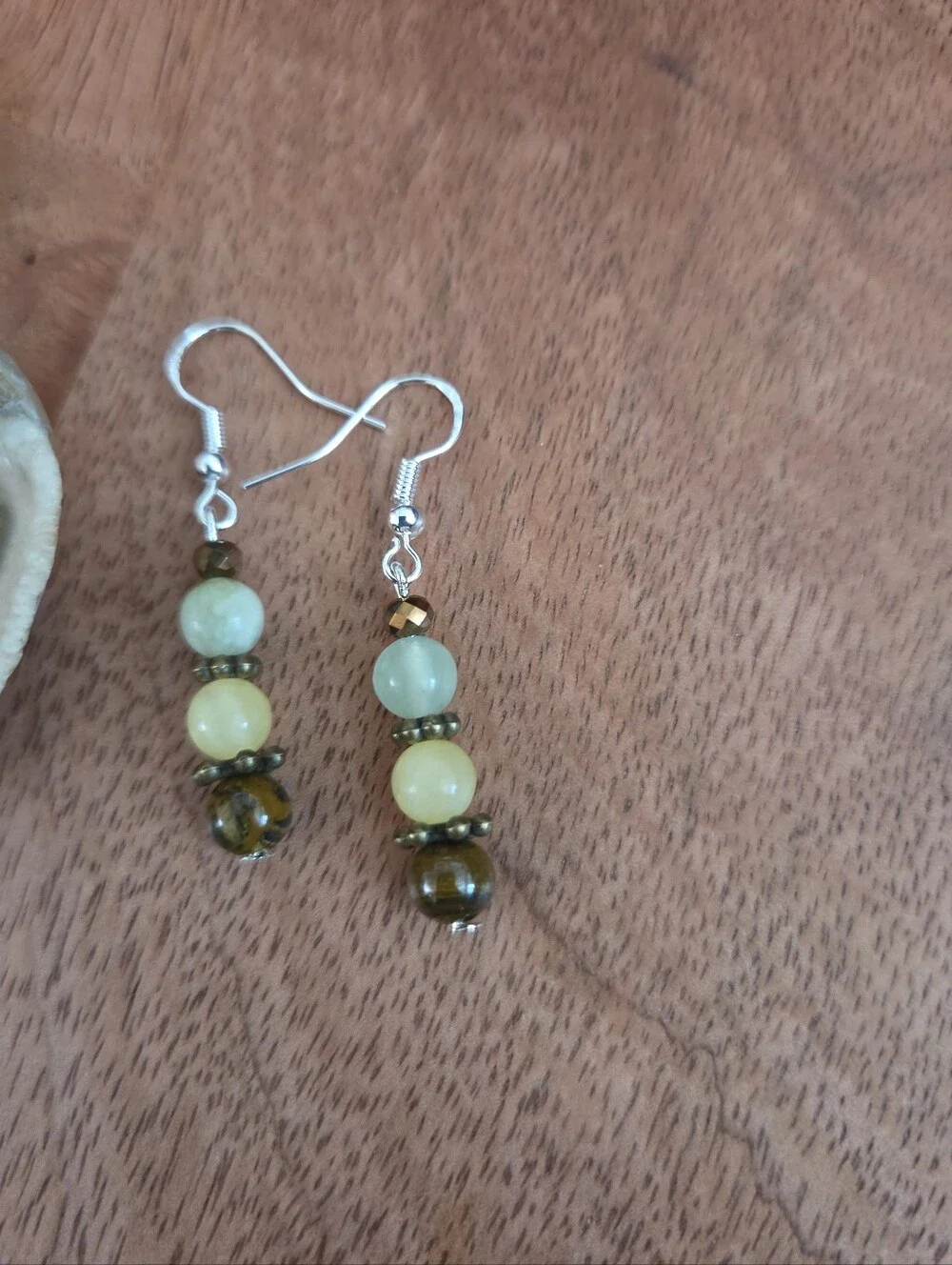 Bohemian Green Yellow Brown Beaded Drop Earrings Fairy Whimsical Handmade Gift